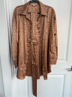 12th Tribe Leopard-Print Satin Button-Down Shirt in Brown
